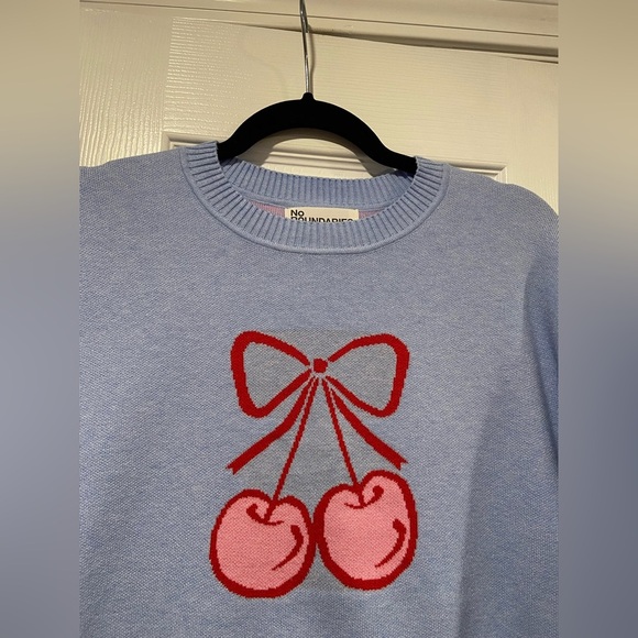 NWT No Boundaries Size M Blue Crew Neck Long Sleeve Soft Sweater Cherries Bow - Picture 5 of 11